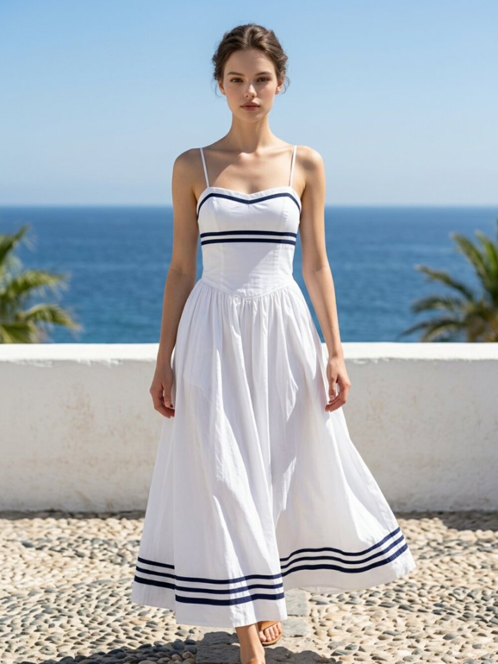 NWOT Moon River Size S White Midi Sundress Navy Trim Dress